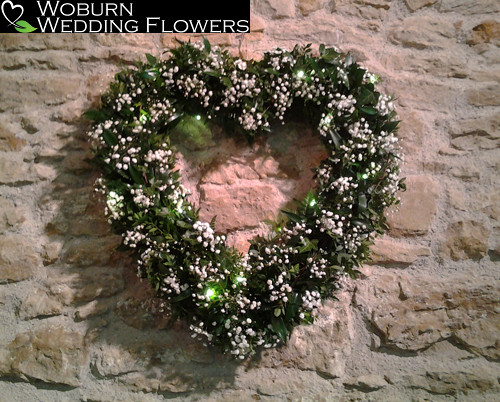 Greenery and Gypsophillia heart with fairy lights