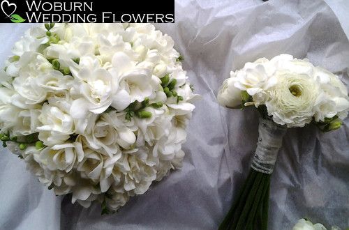 Freesia and ranunculus hand tied bouquets.