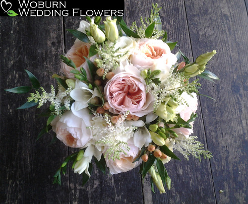 Freesia and David Austin Roses hand tied bouquet.