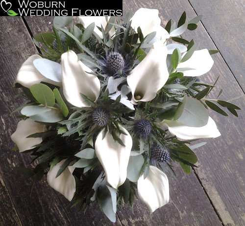 Calla Lilly and Thistle hand tied bouquet.