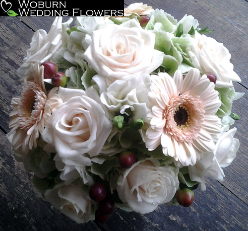 Rose, Gerbera, Hydrangea and Hypericum berries hand tied.