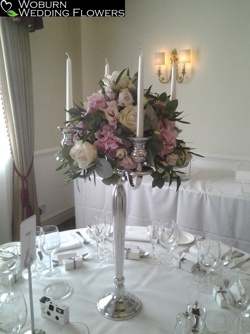 Rose, Hydrangea and Lizzianthus candleabra at the Woburn Hotel.