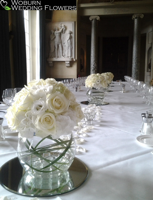 Rose, Lizzianthus and Hydrangea bowl arrangement at Woburn Sculpture Gallery.