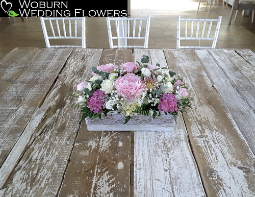 Crate arrangement of Peonies, Gypsophillia, Hydrangea and Lizzianthus