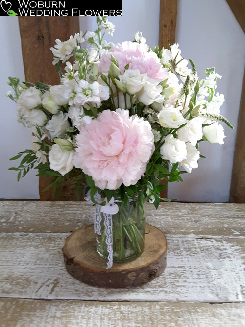 Vase arrangement of Peonies, Stocks and Lizzianthus