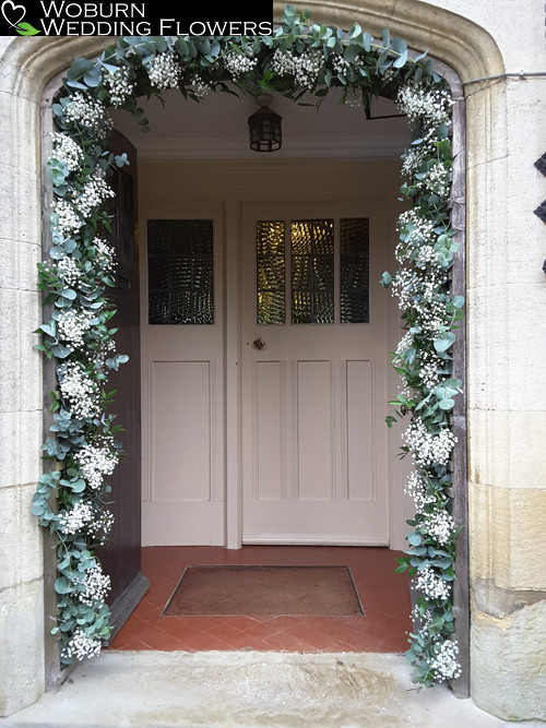 Gypsophillia and Eucalyptus decorated front entrance..